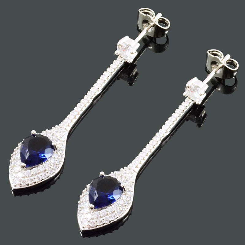 RIZILIA Dangle Drop Pierced Earrings with Pear Cut CZ [Simulated Blue Sapphire] in White Gold Plated, Simple Modern Elegant - Image 4